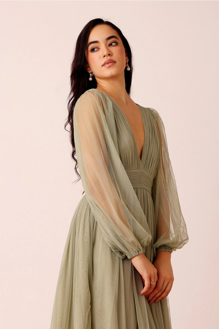 Lace & Beads Madison Sage Green Tulle Maxi Dress