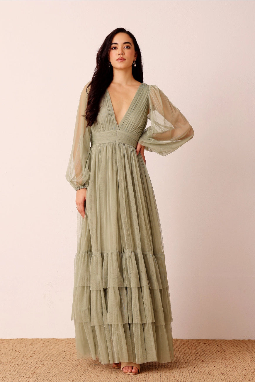 Lace & Beads Madison Sage Green Tulle Maxi Dress