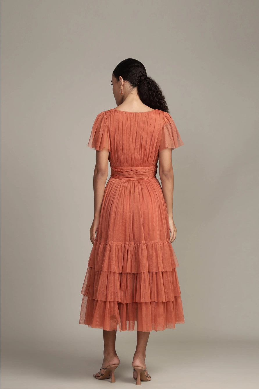 Lace & Beads Madison Terracotta Pink Tulle Midi Dress
