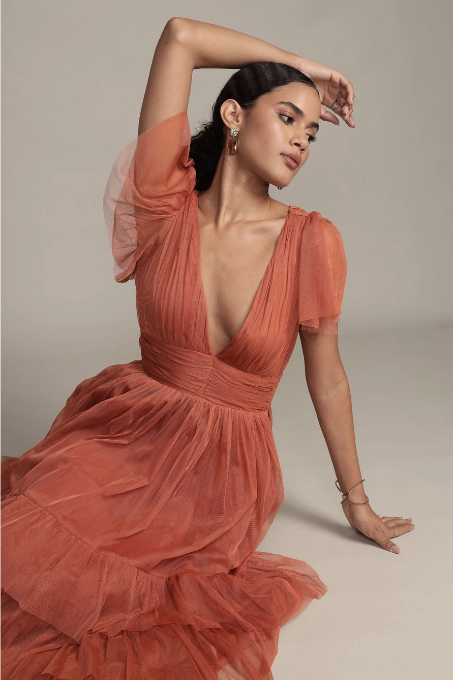 Lace & Beads Madison Terracotta Pink Tulle Midi Dress
