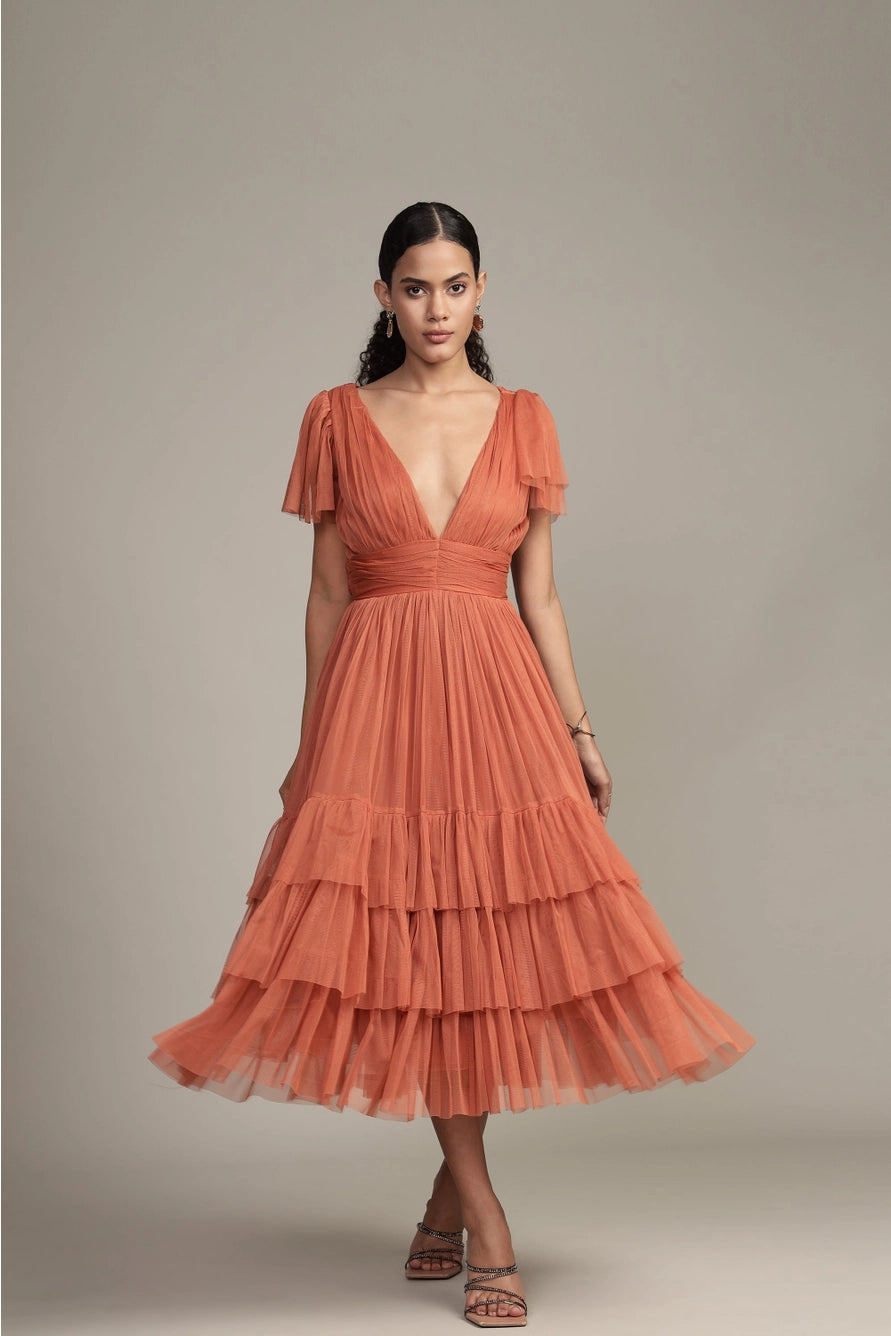 Lace & Beads Madison Terracotta Pink Tulle Midi Dress