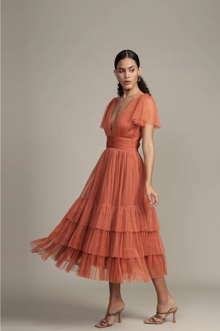 Lace & Beads Madison Terracotta Pink Tulle Midi Dress