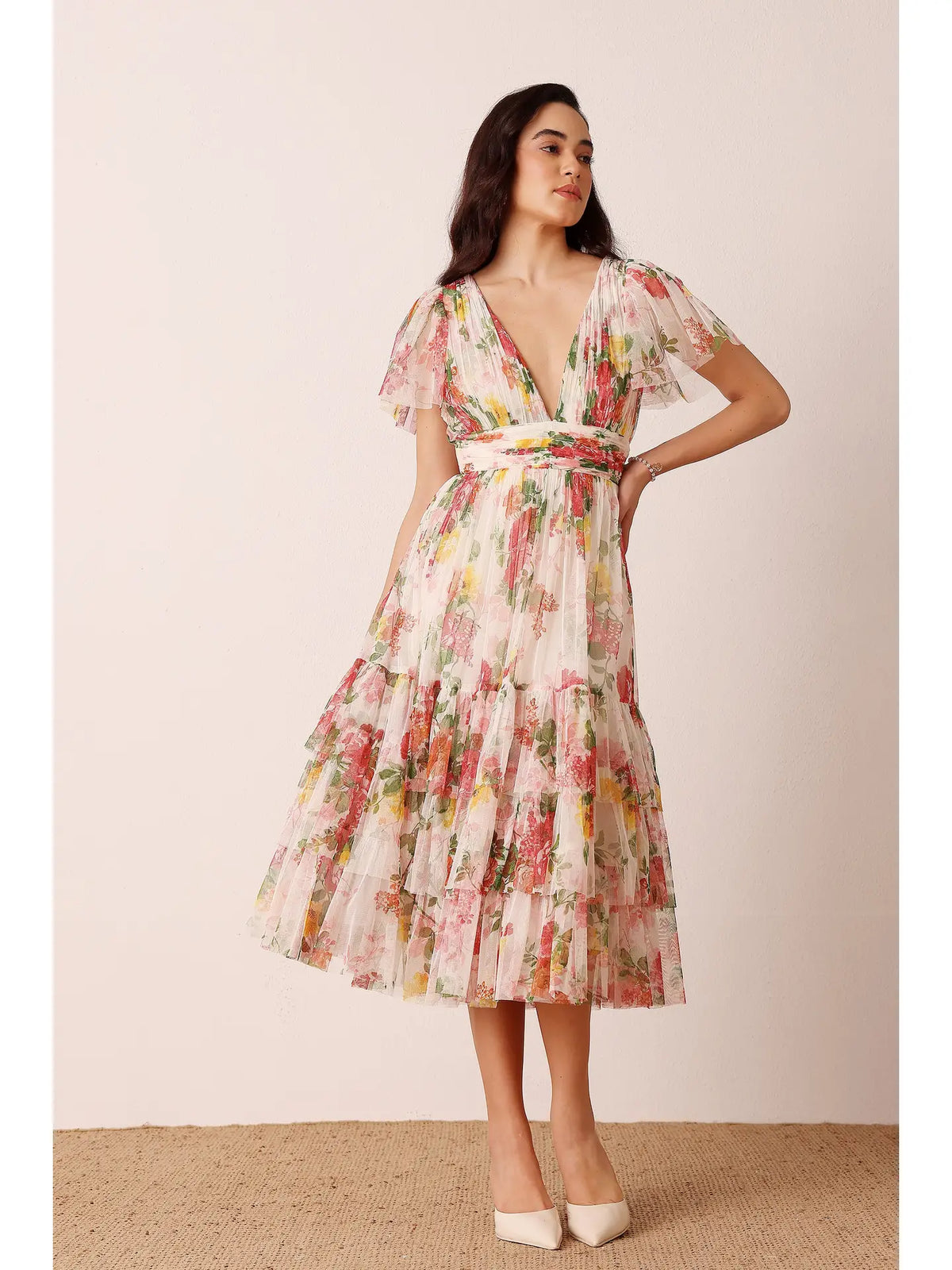 Lace & Beads Madison Floral Print Tulle Midi Dress