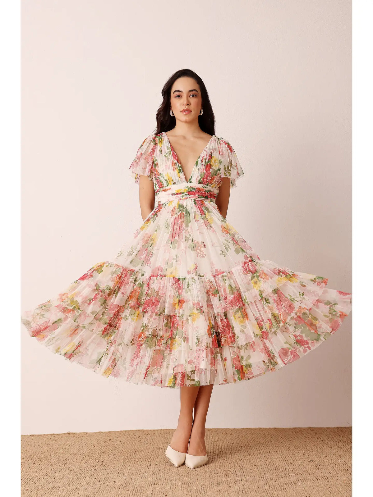 Lace & Beads Madison Floral Print Tulle Midi Dress