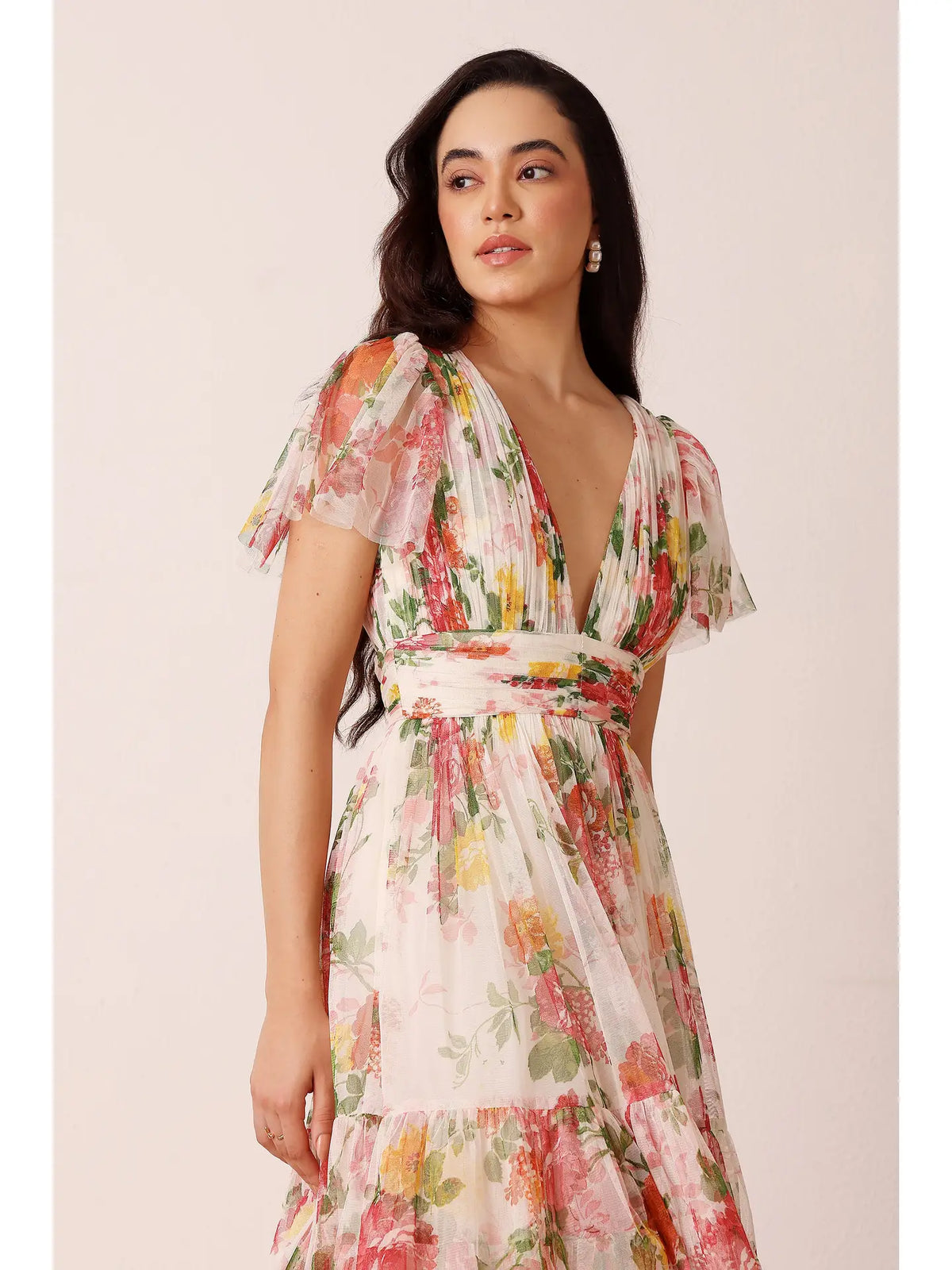 Lace & Beads Madison Floral Print Tulle Midi Dress