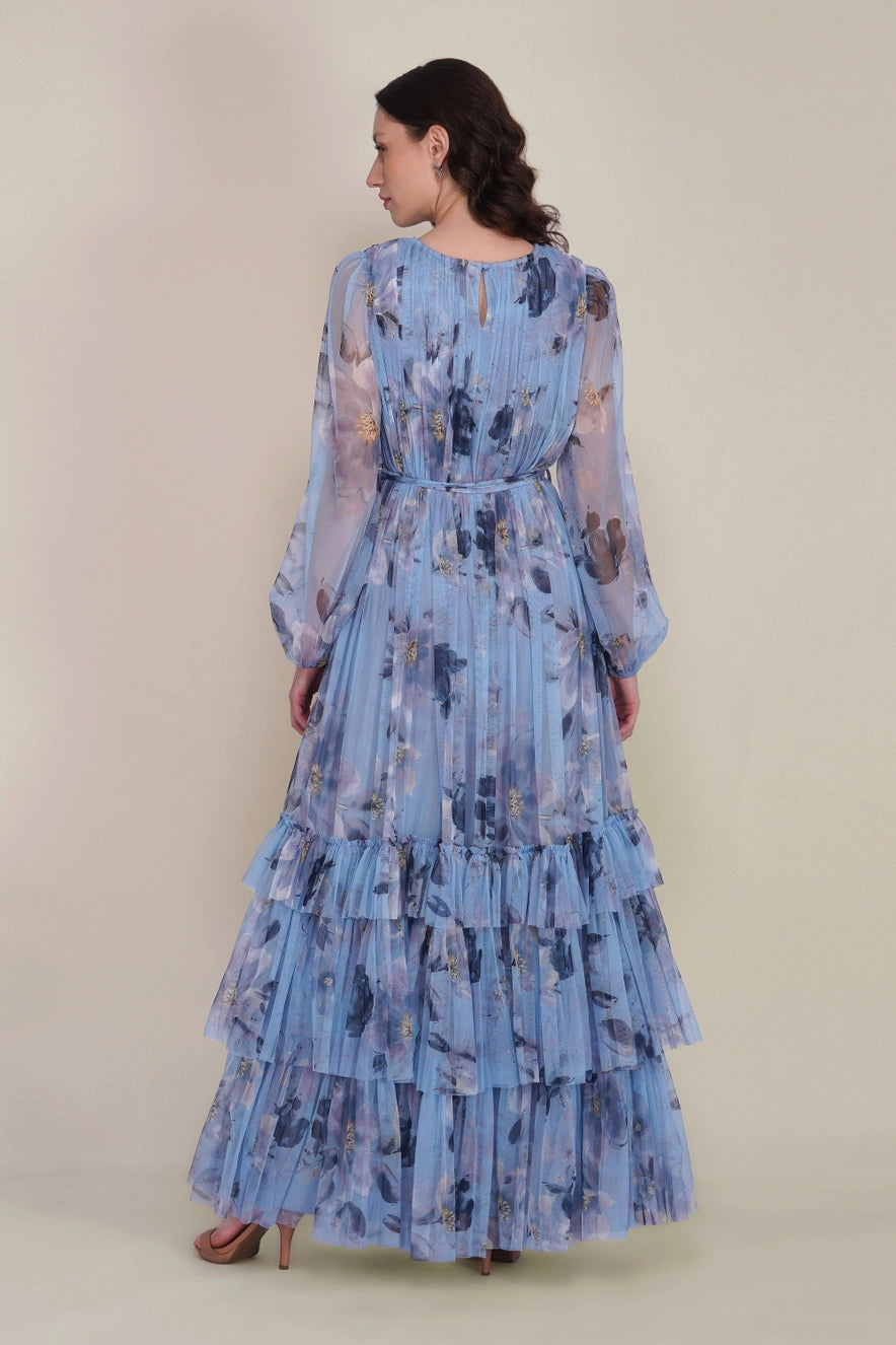 Lace & Beads Rebecca Blue Magnolia Tulle Floral Maxi Dress