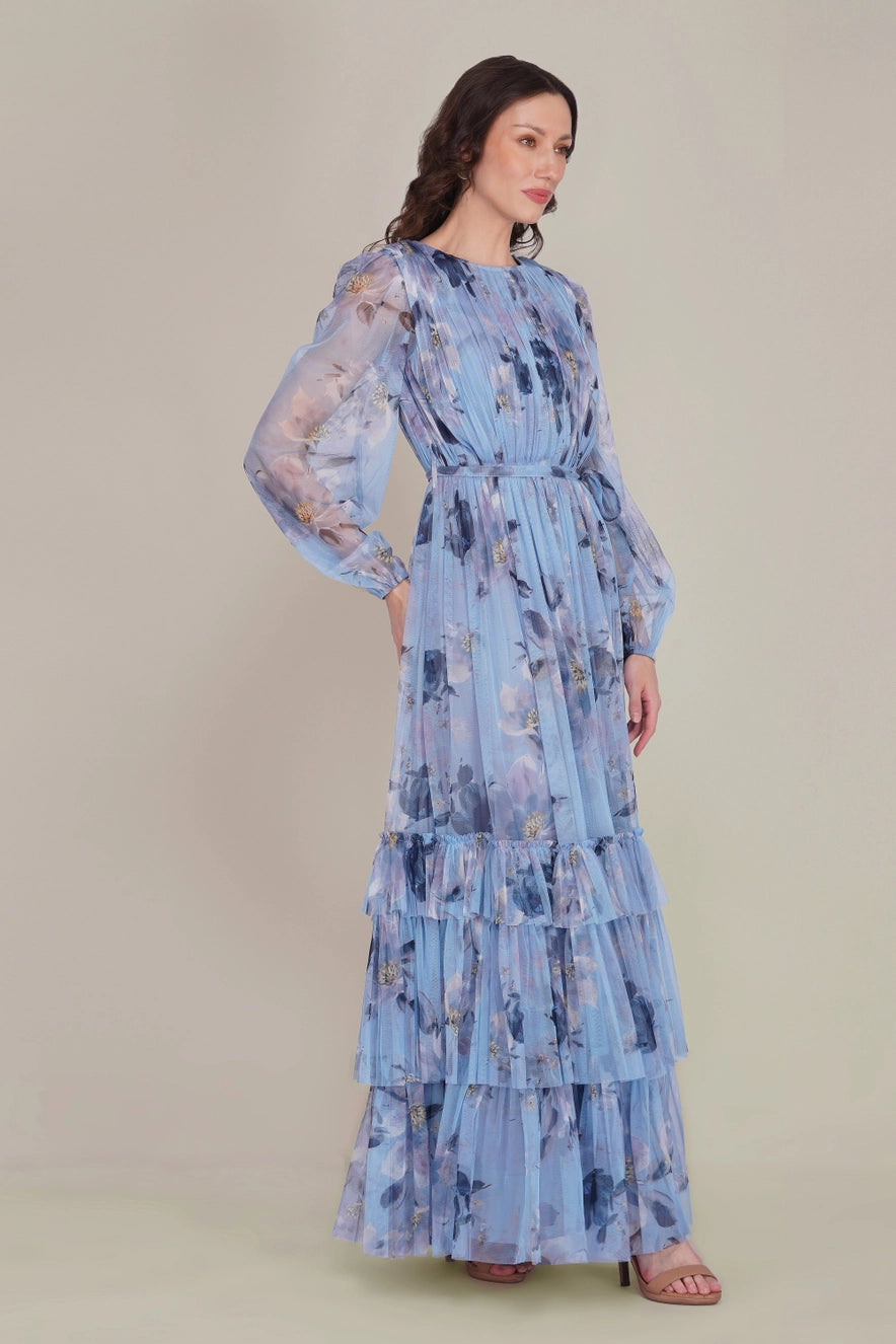 Lace & Beads Rebecca Blue Magnolia Tulle Floral Maxi Dress