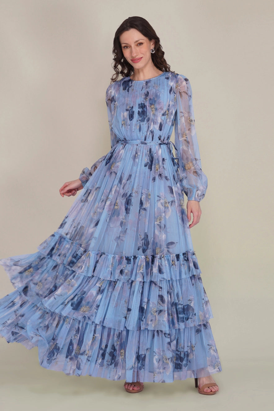 Lace & Beads Rebecca Blue Magnolia Tulle Floral Maxi Dress