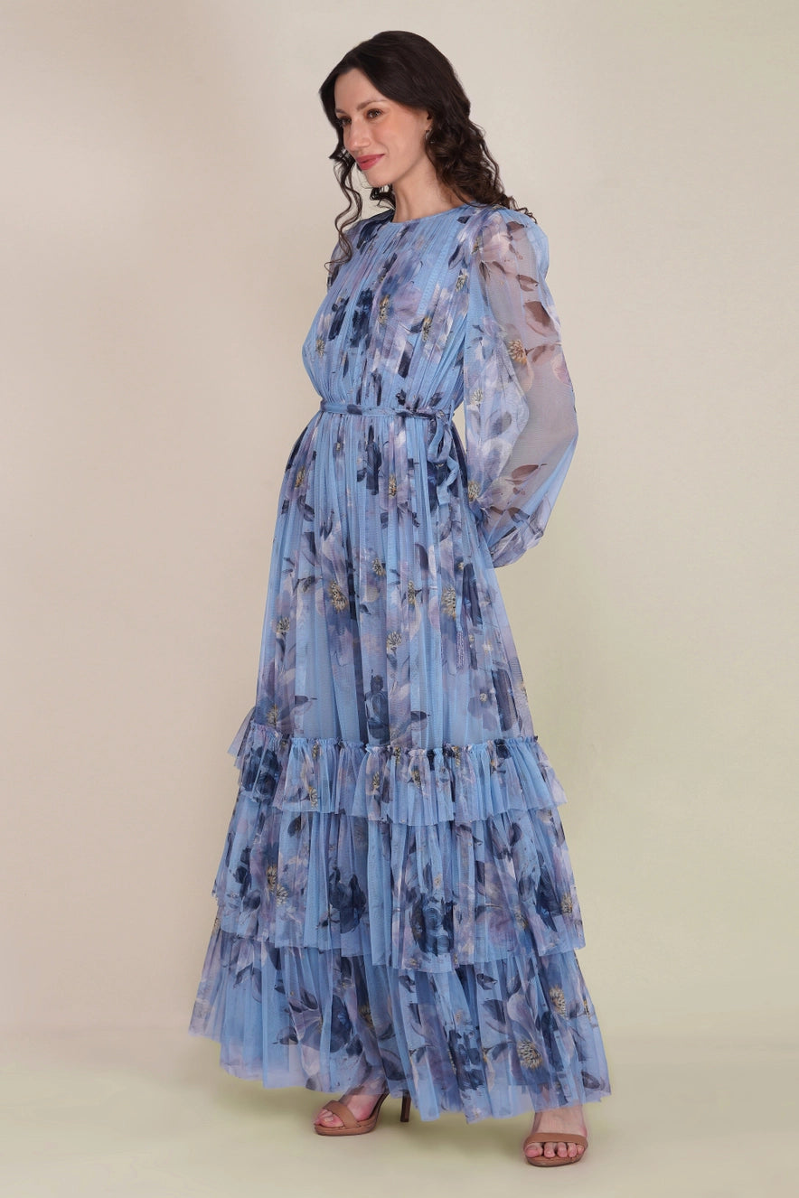 Lace & Beads Rebecca Blue Magnolia Tulle Floral Maxi Dress