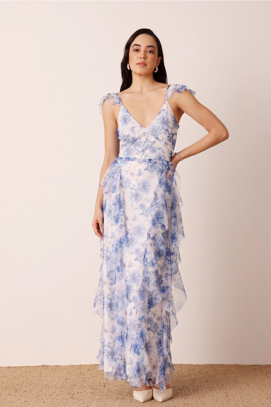 Lace & Beads Malin Blue Floral Maxi Dress