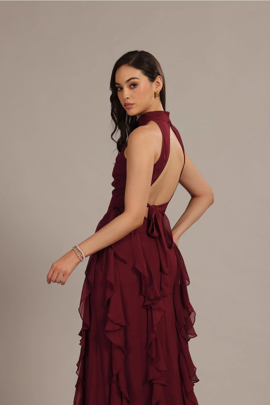 Lace & Beads Malinina Maxi Burgundy Ruffle Dress