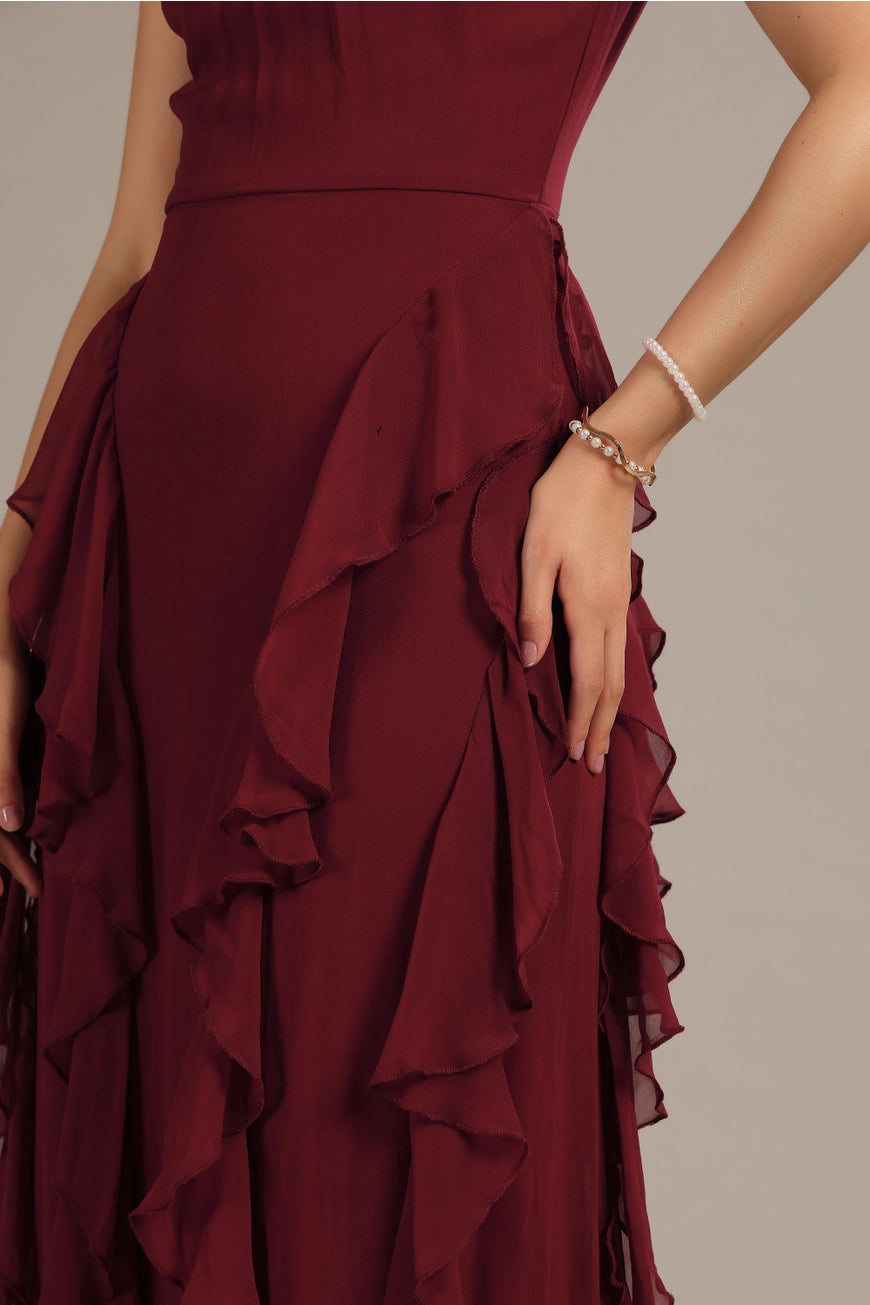 Lace & Beads Malinina Maxi Burgundy Ruffle Dress