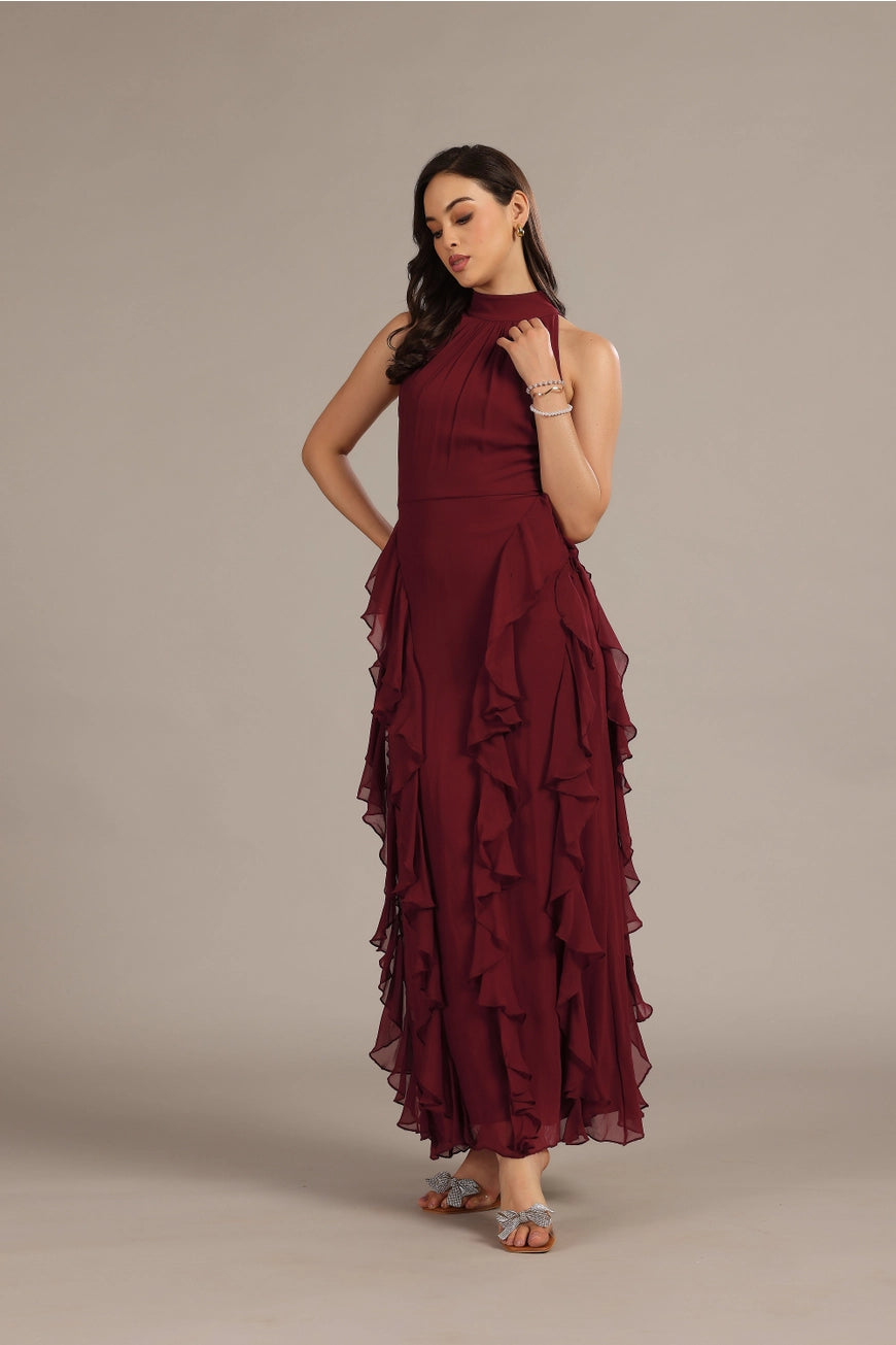 Lace & Beads Malinina Maxi Burgundy Ruffle Dress