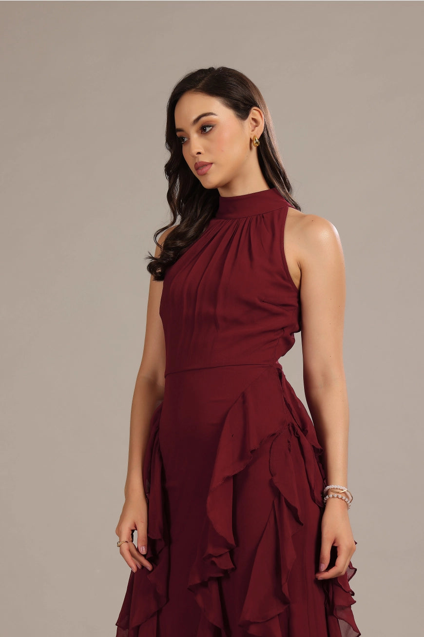 Lace & Beads Malinina Maxi Burgundy Ruffle Dress