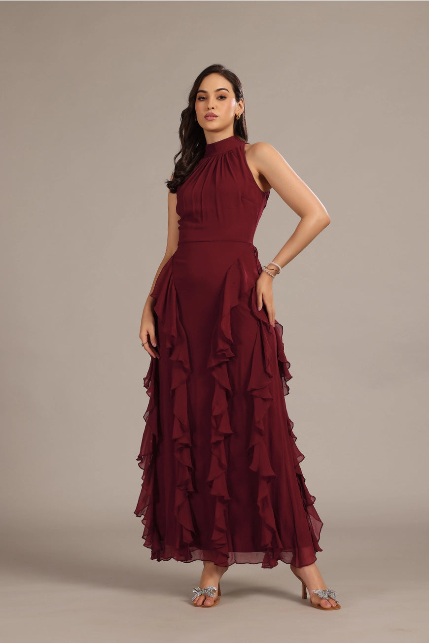 Lace & Beads Malinina Maxi Burgundy Ruffle Dress