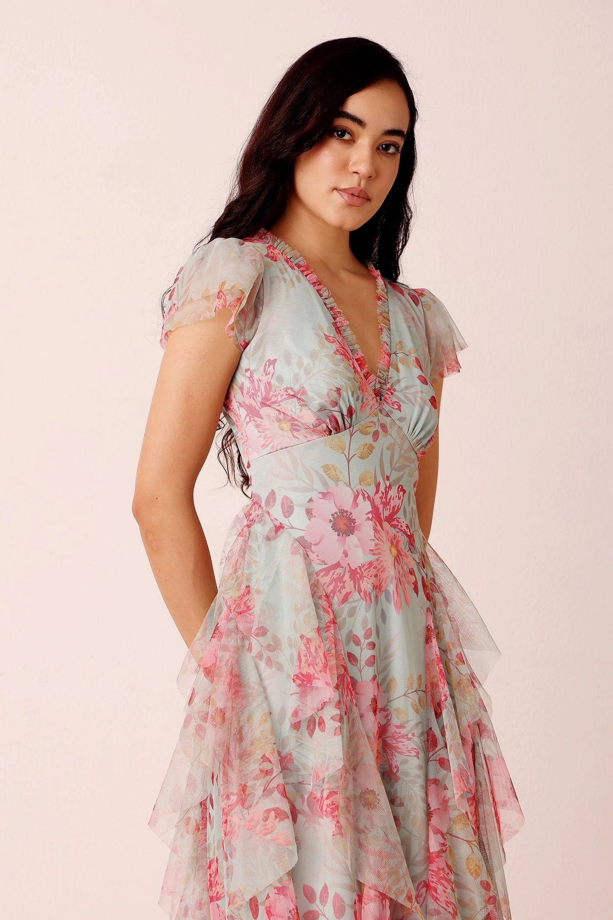 Lace & Beads Melody Mint Floral Frill Maxi Dress