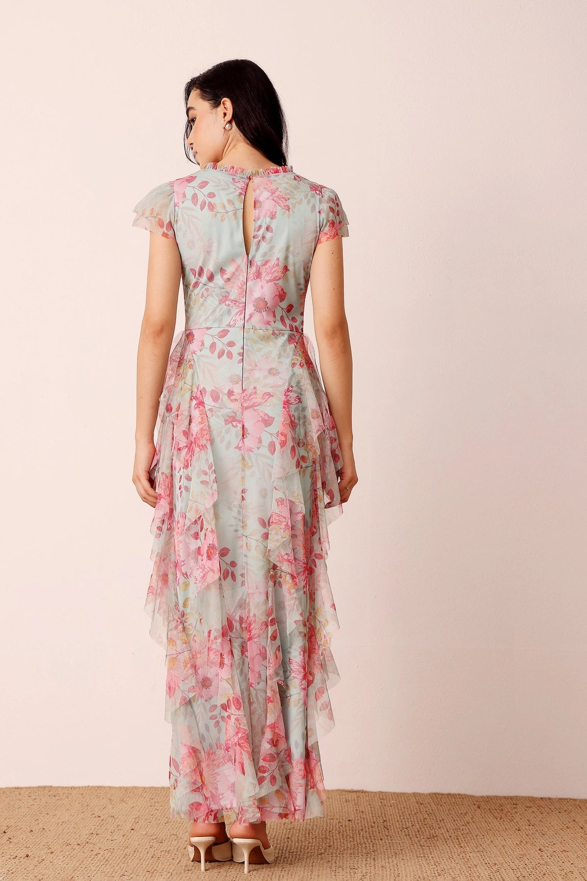 Lace & Beads Melody Mint Floral Frill Maxi Dress
