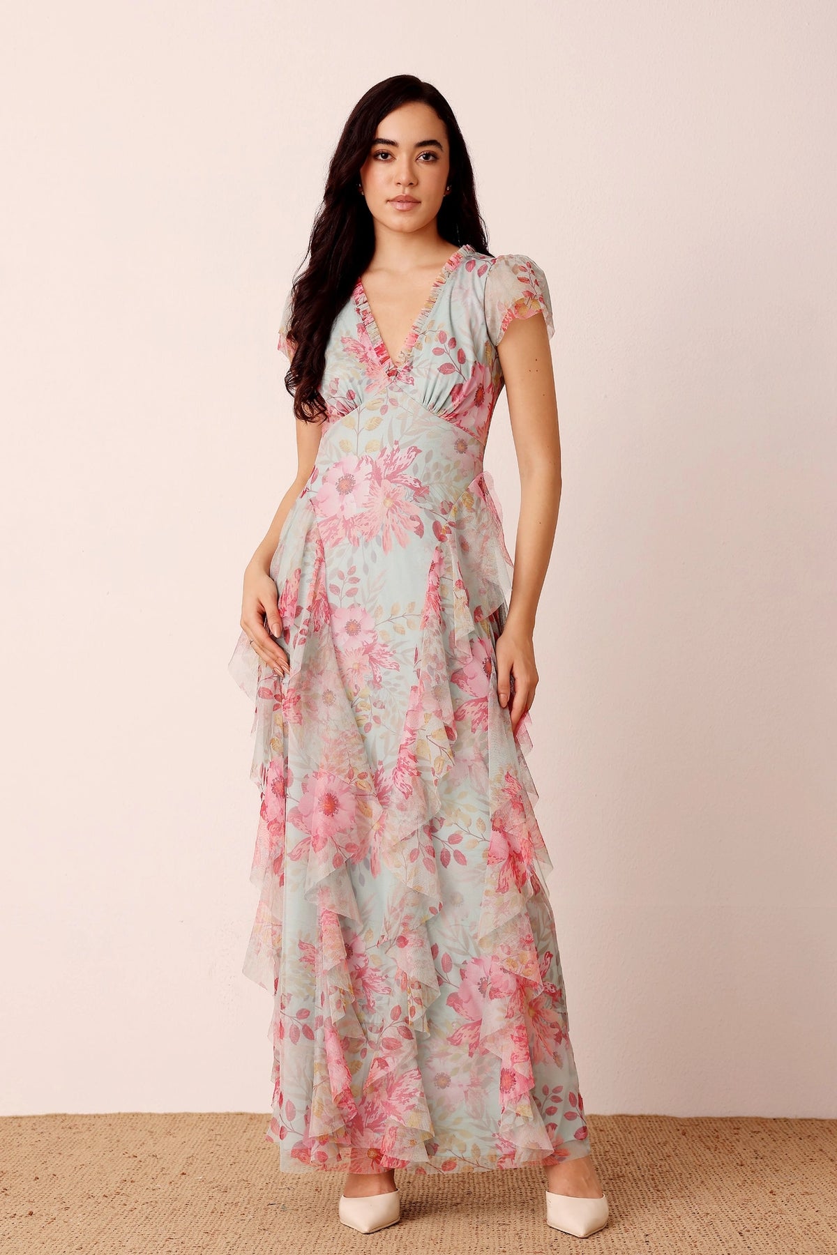 Lace & Beads Melody Mint Floral Frill Maxi Dress