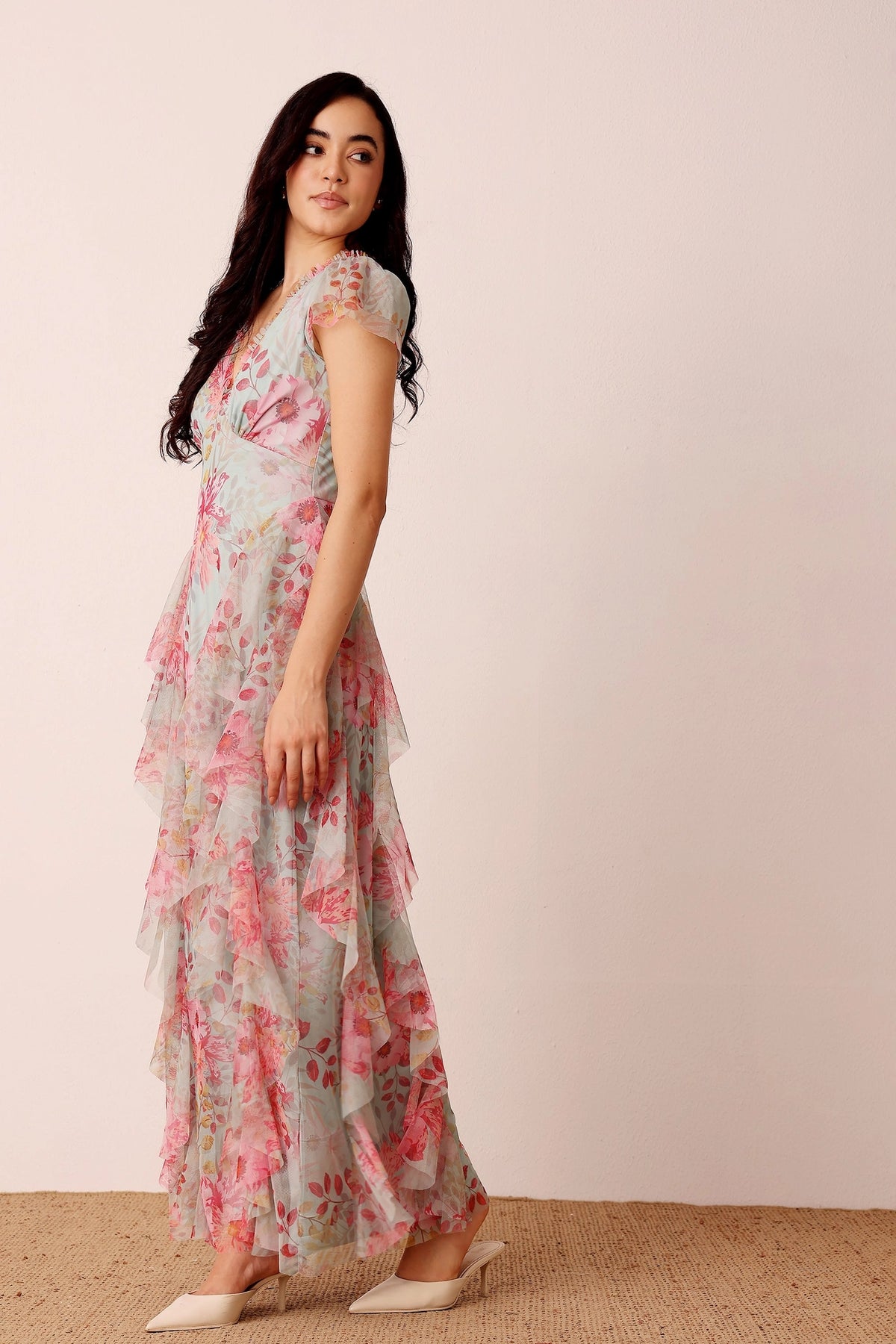 Lace & Beads Melody Mint Floral Frill Maxi Dress