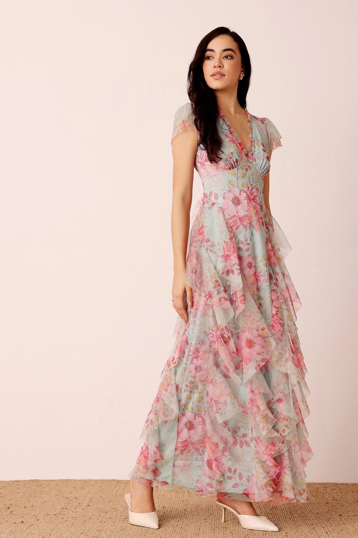 Lace & Beads Melody Mint Floral Frill Maxi Dress