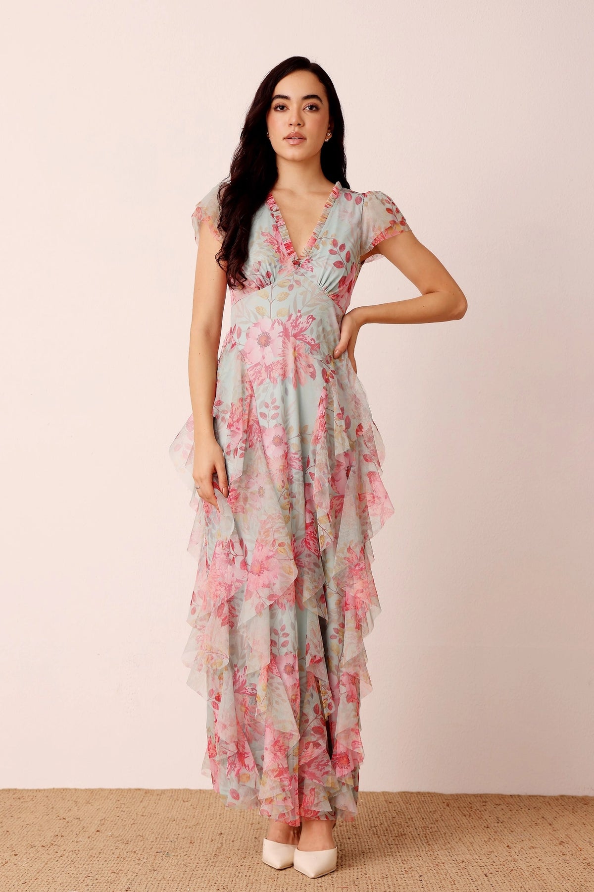 Lace & Beads Melody Mint Floral Frill Maxi Dress Love My Apparel Lace & Beads Melody Mint Floral Frill Maxi Dress Love My Apparel