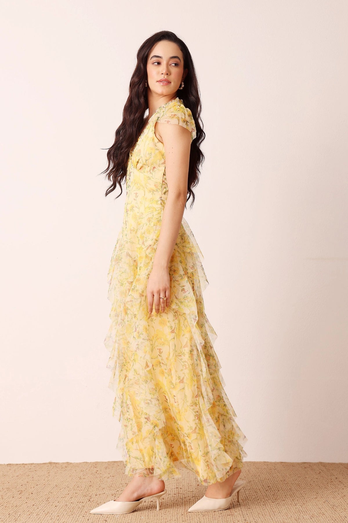 Lace & Beads Melody Yellow Floral Frill Maxi Dress
