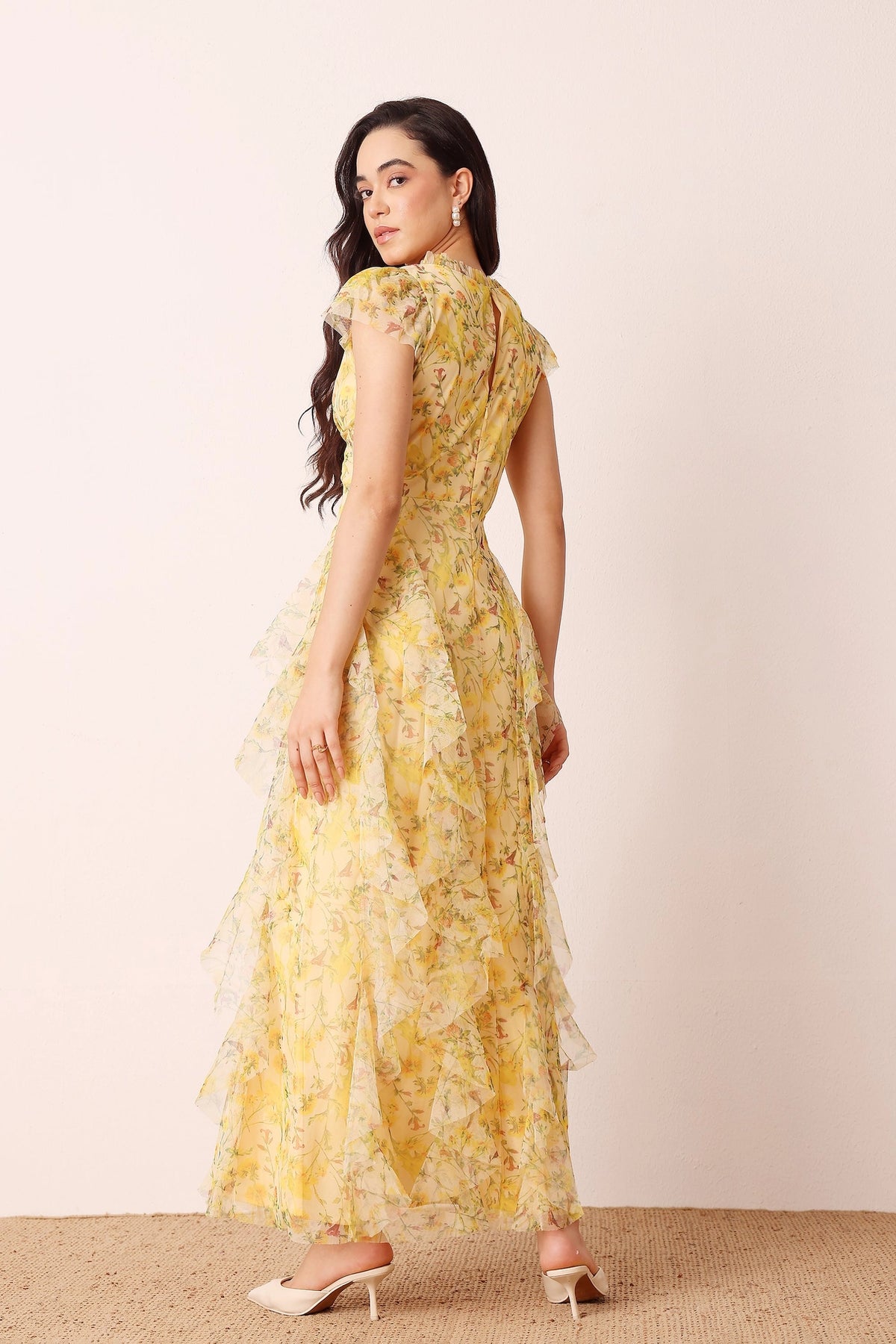Lace & Beads Melody Yellow Floral Frill Maxi Dress