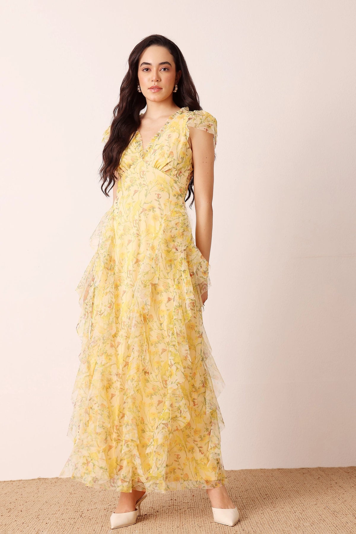 Lace & Beads Melody Yellow Floral Frill Maxi Dress