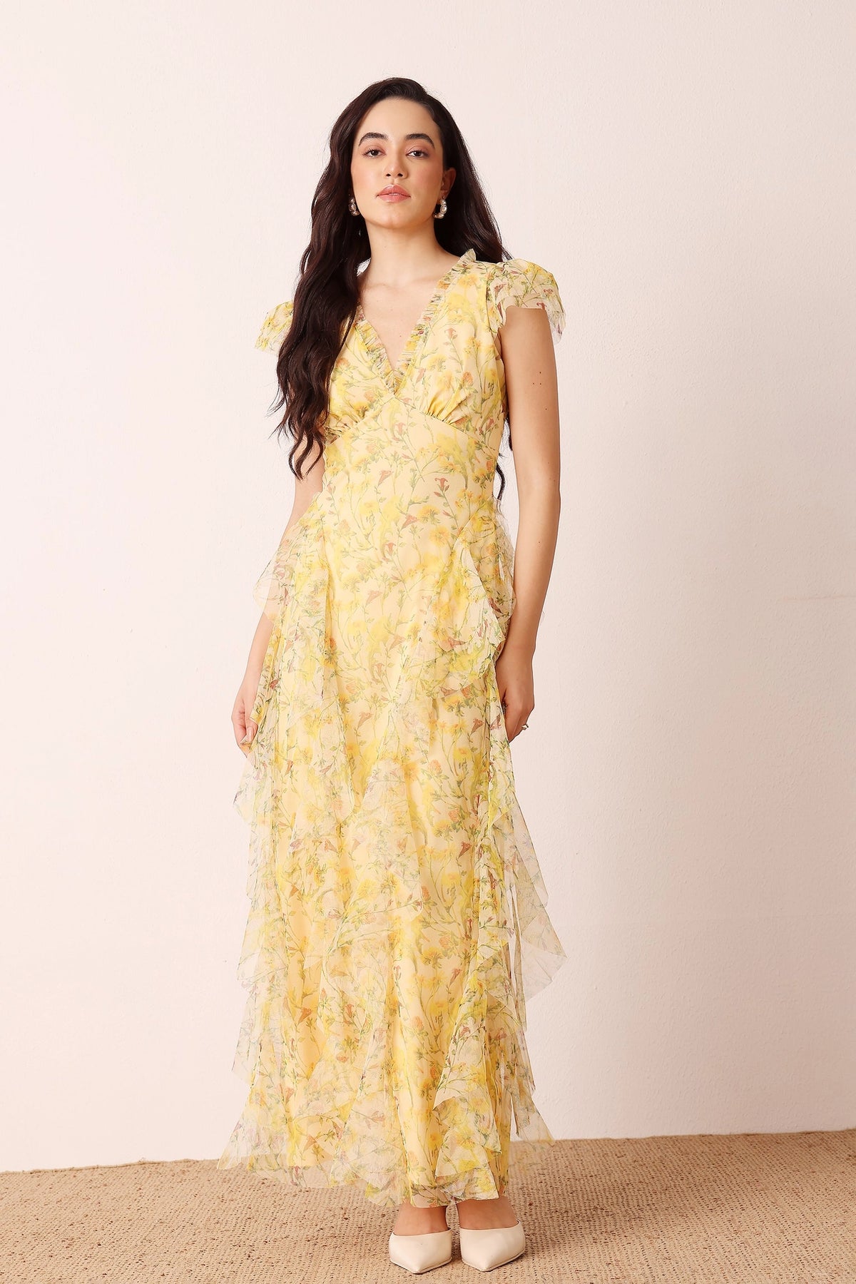 Lace & Beads Melody Yellow Floral Frill Maxi Dress Love My Apparel Lace & Beads Melody Yellow Floral Frill Maxi Dress Love My Apparel