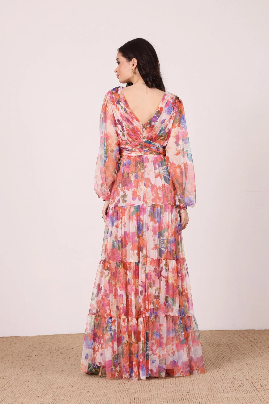 Lace & Beads Munez Long Sleeved Floral Tulle Maxi Dress