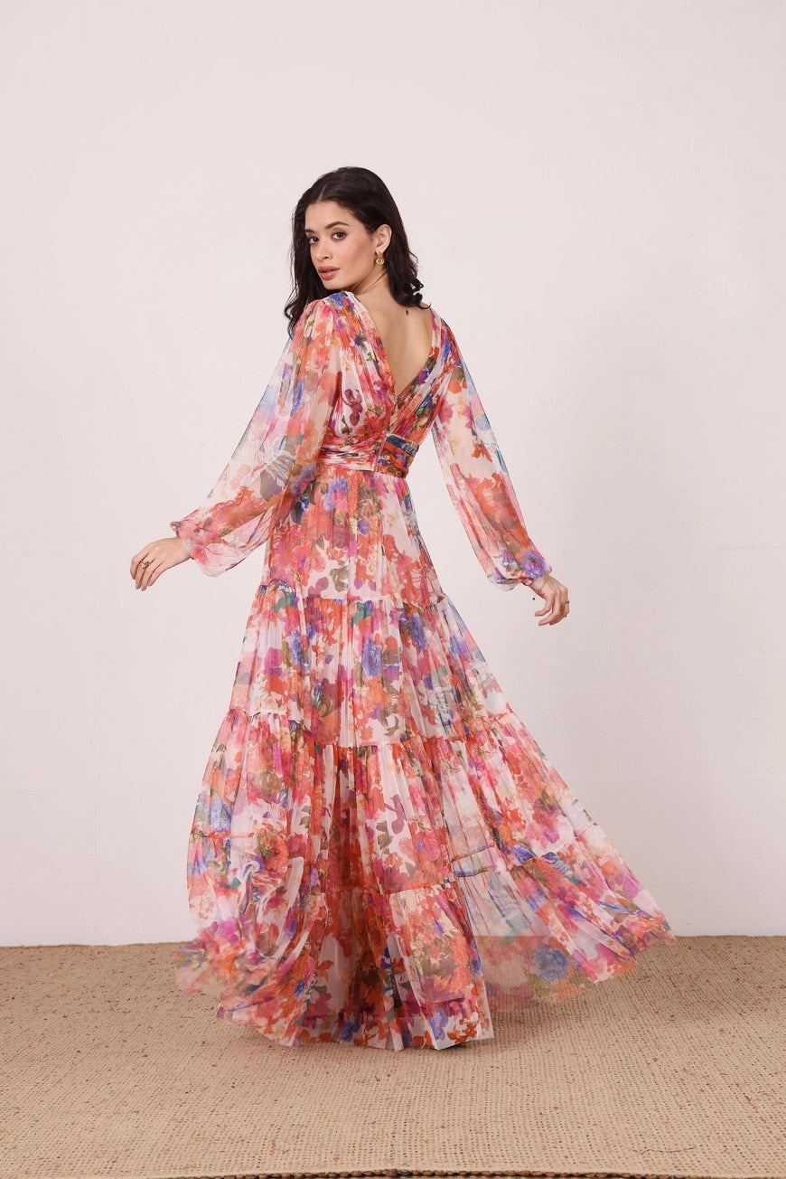 Lace & Beads Munez Long Sleeved Floral Tulle Maxi Dress