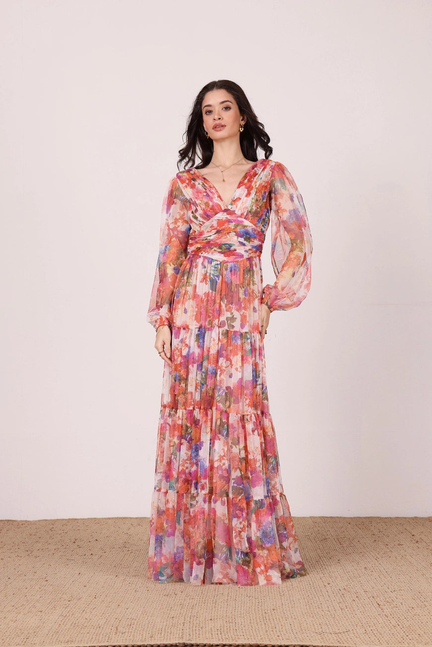 Lace & Beads Munez Long Sleeved Floral Tulle Maxi Dress