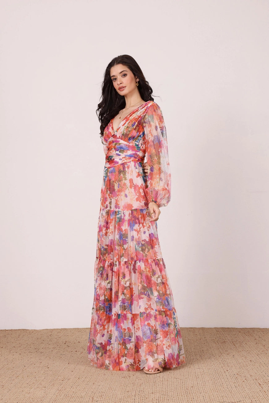 Lace & Beads Munez Long Sleeved Floral Tulle Maxi Dress