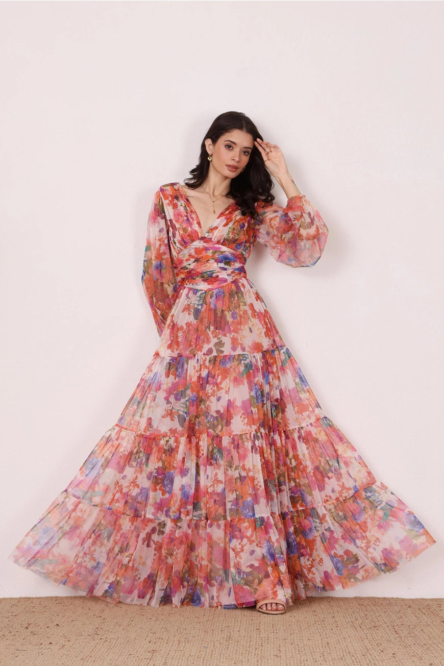 Lace & Beads Munez Long Sleeved Floral Tulle Maxi Dress