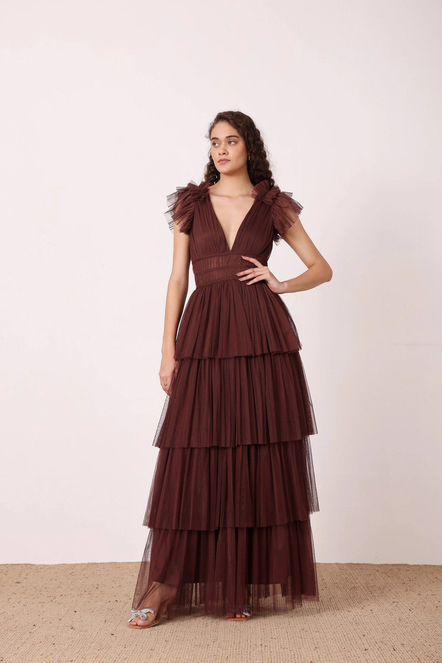 Lace & Beads Naomi Deep Brown Tulle Maxi Dress