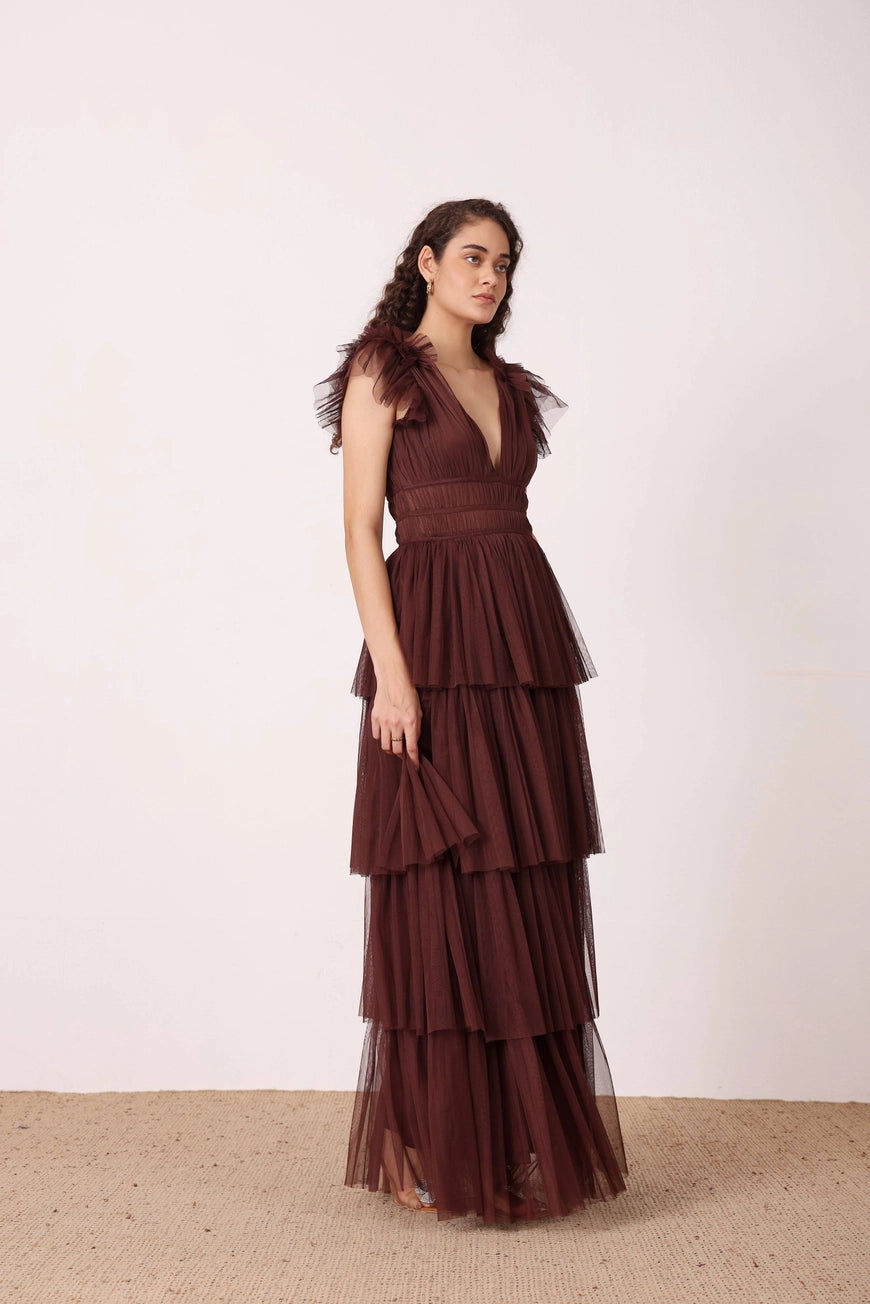Lace & Beads Naomi Deep Brown Tulle Maxi Dress