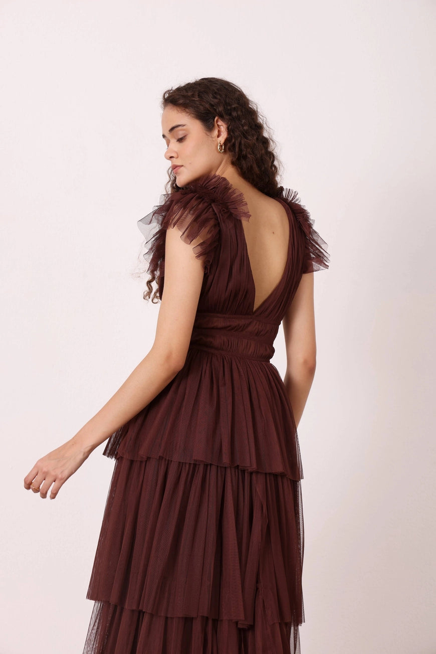 Lace & Beads Naomi Deep Brown Tulle Maxi Dress