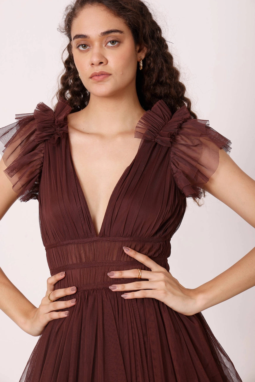 Lace & Beads Naomi Deep Brown Tulle Maxi Dress