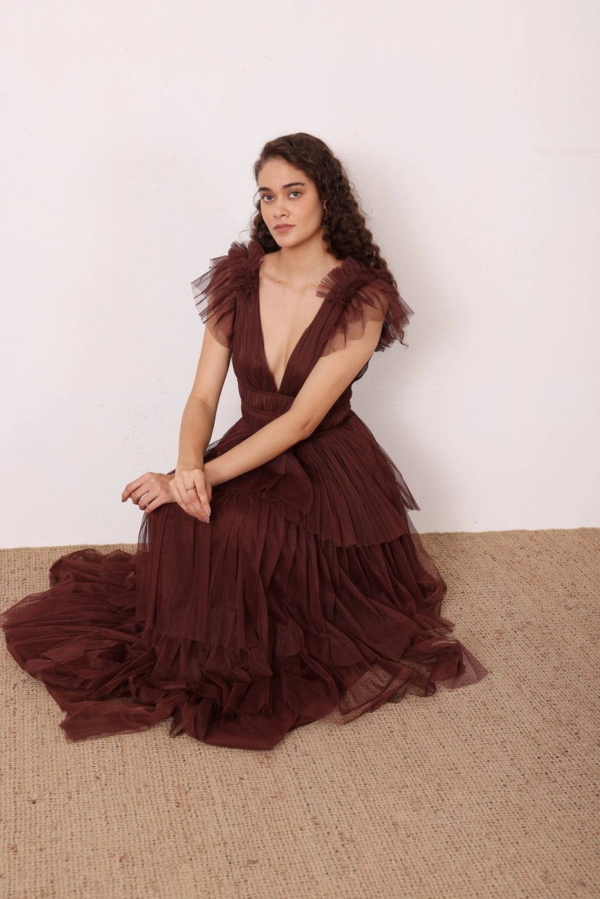 Lace & Beads Naomi Deep Brown Tulle Maxi Dress