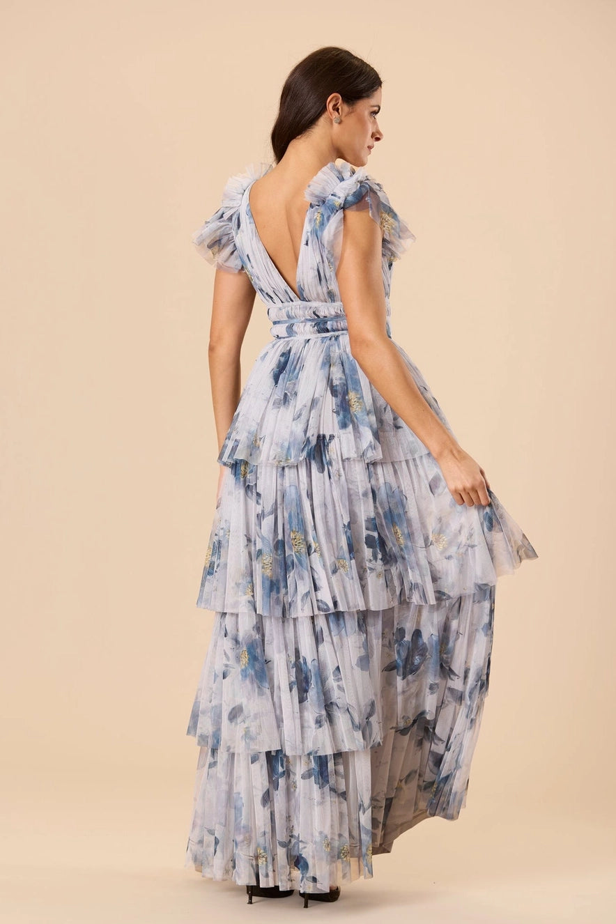 Lace & Beads Naomi Grey Blue Magnolia Floral Tulle Maxi Dress