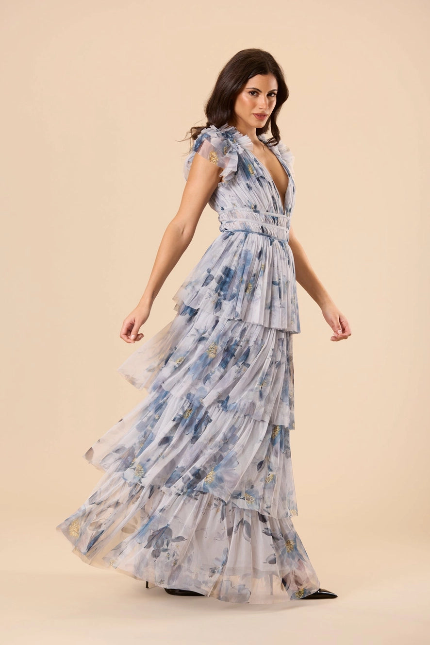 Lace & Beads Naomi Grey Blue Magnolia Floral Tulle Maxi Dress