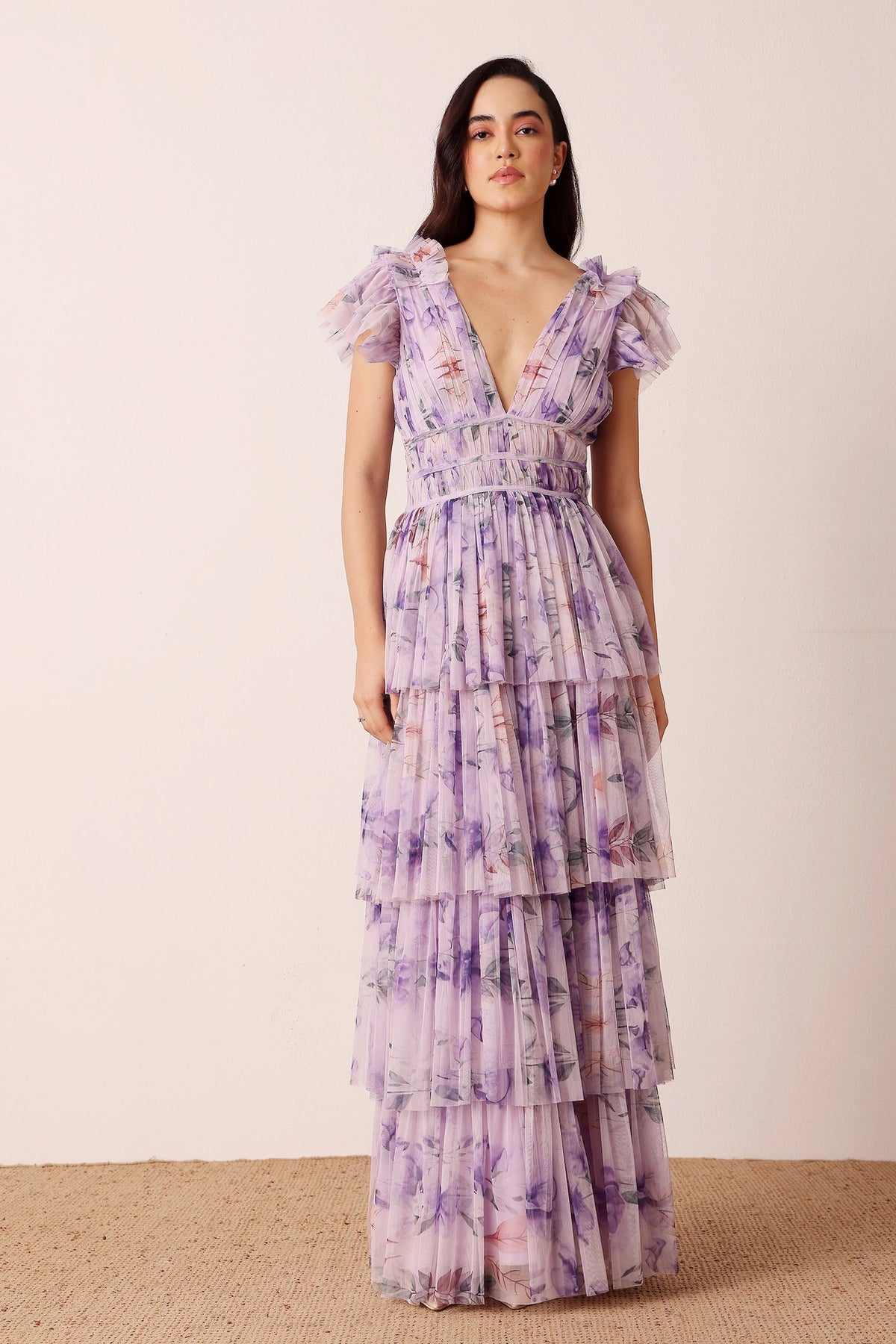 Lace & Beads Naomi Lilac Floral Tulle Maxi Dress