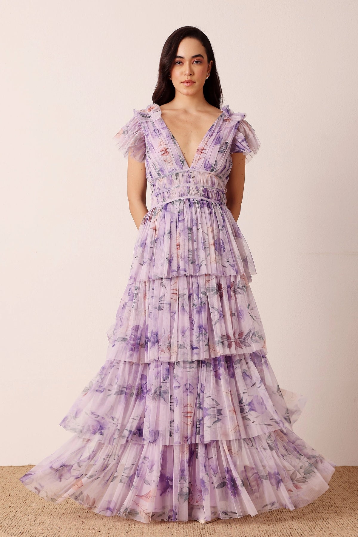 Lace & Beads Naomi Lilac Floral Tulle Maxi Dress