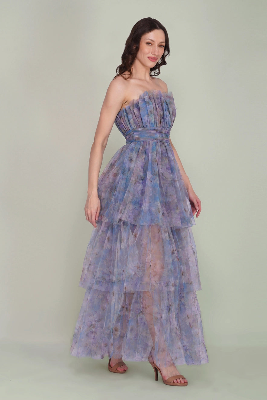 Lace & Beads Natalia Tulle Bandeau Lavender Bloom Maxi Dress