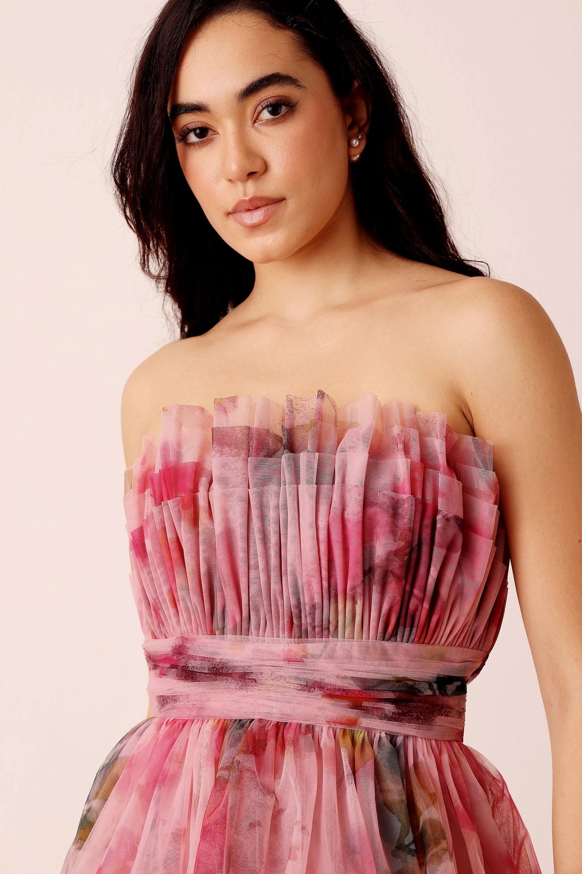 Lace & Beads Natalia Tulle Bandeau Pink Purple Floral Maxi Dress