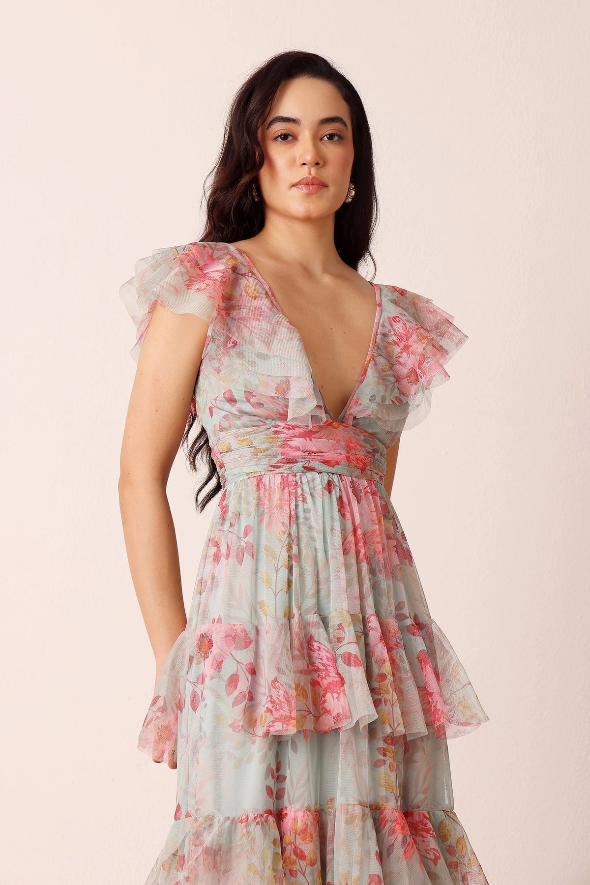 Lace & Beads Olympia Mint Floral Maxi Tulle Dress