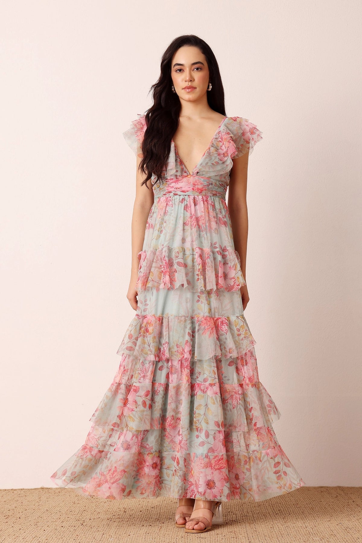 Lace Beads Olympia Mint Floral Maxi Tulle Dress