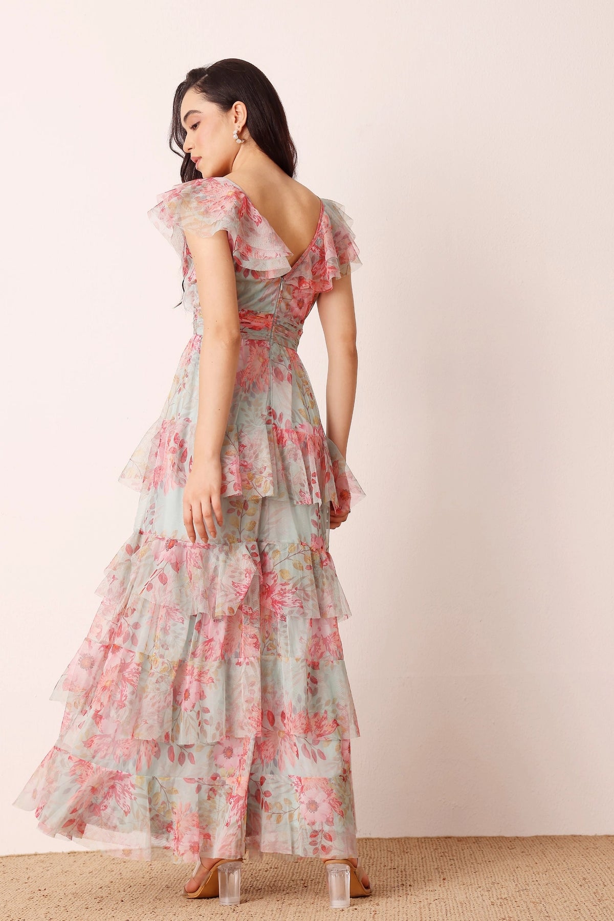 Lace & Beads Olympia Mint Floral Maxi Tulle Dress