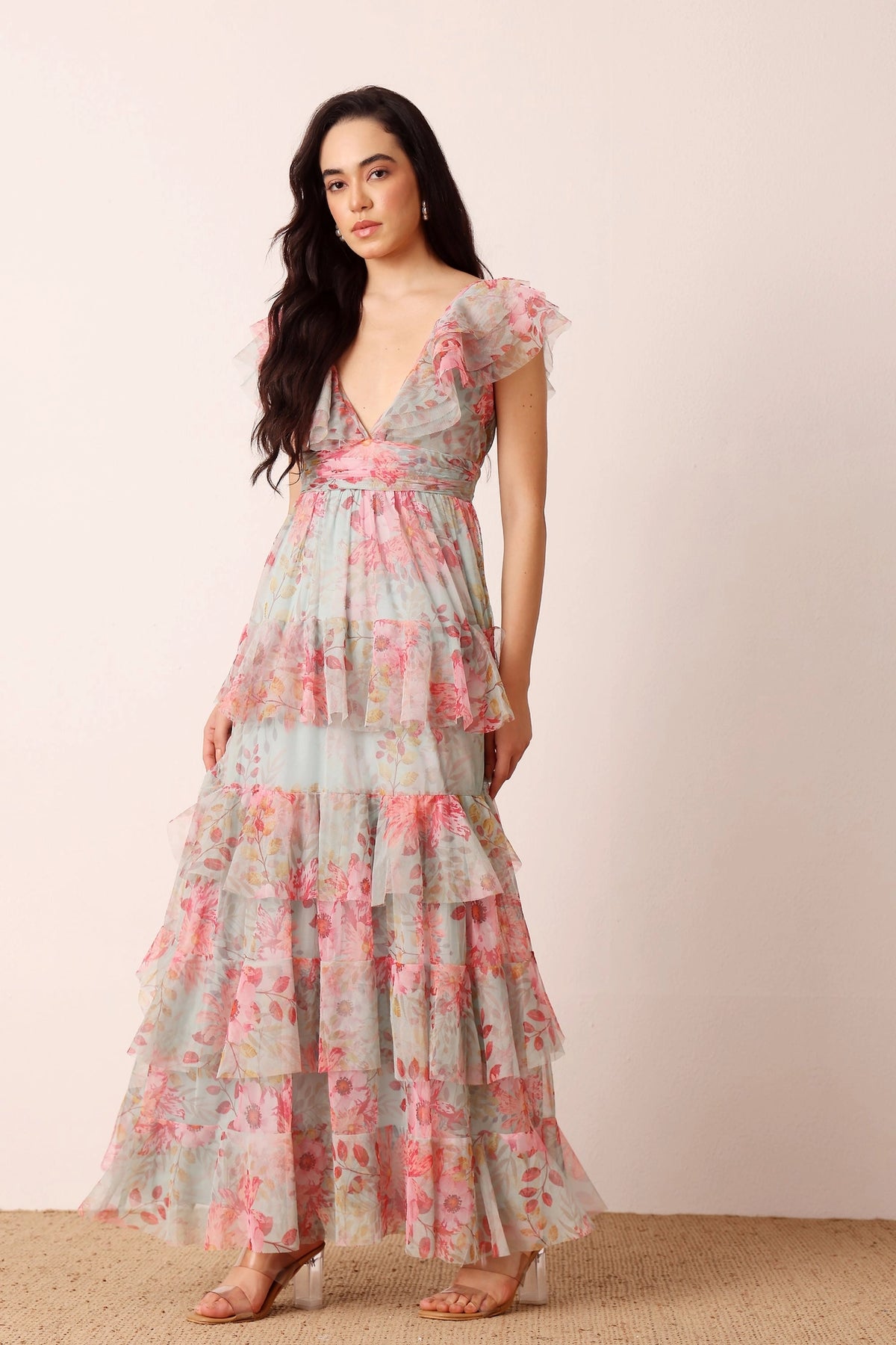 Lace & Beads Olympia Mint Floral Maxi Tulle Dress