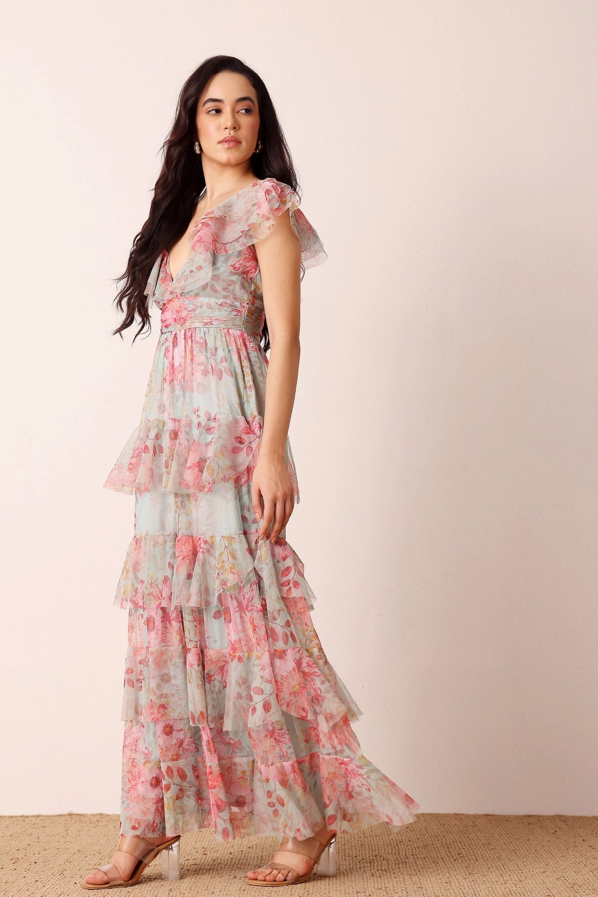 Lace & Beads Olympia Mint Floral Maxi Tulle Dress